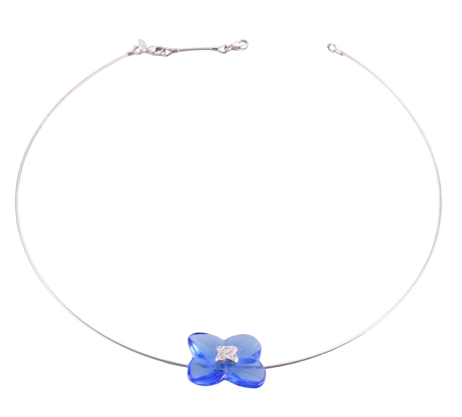 Baccarat 18k Gold Diamond Blue Flower Crystal Necklace 050543