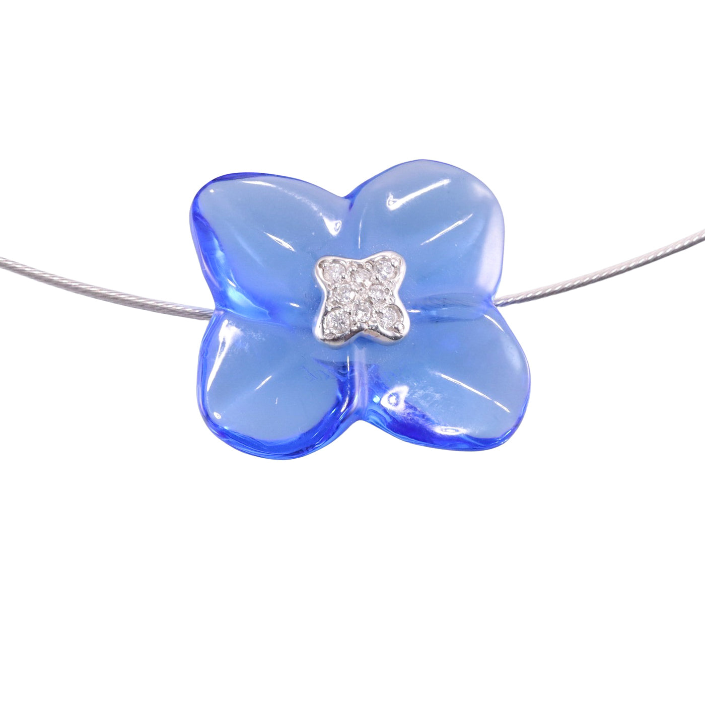 Baccarat 18k Gold Diamond Blue Flower Crystal Necklace 050543