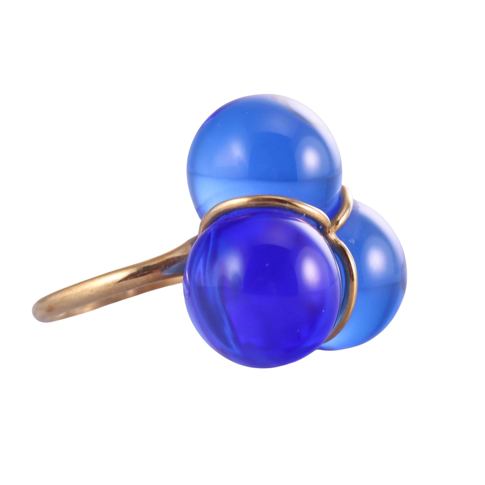 Baccarat 18k Yellow Gold Blue Trio Ball Crystal Ring