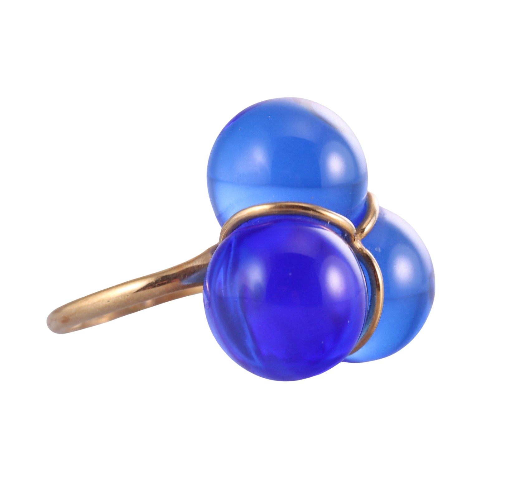 Baccarat 18k Yellow Gold Blue Trio Ball Crystal Ring