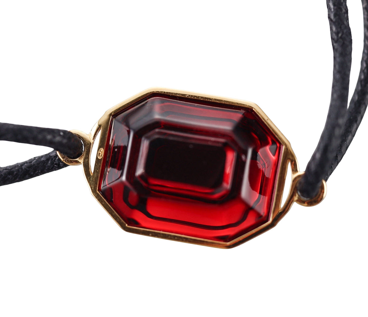 Baccarat Harcourt Sterling 18k Gold Vermeil Red Crystal Mirror Leather Bracelet
