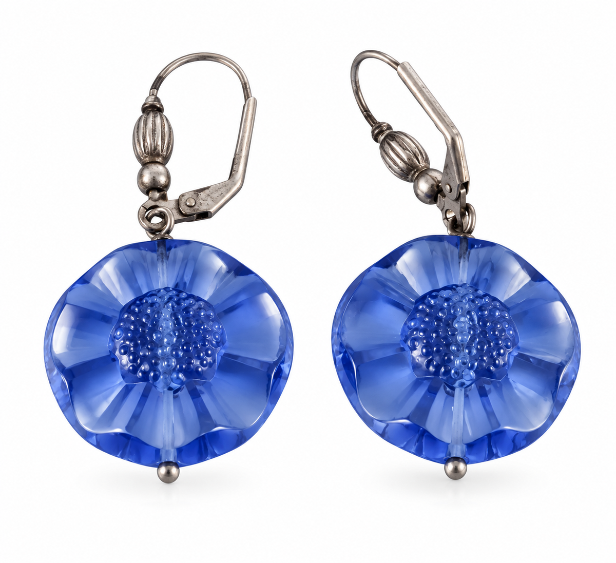 Lalique Blue Crystal Flower Sterling Silver Drop Earrings 287