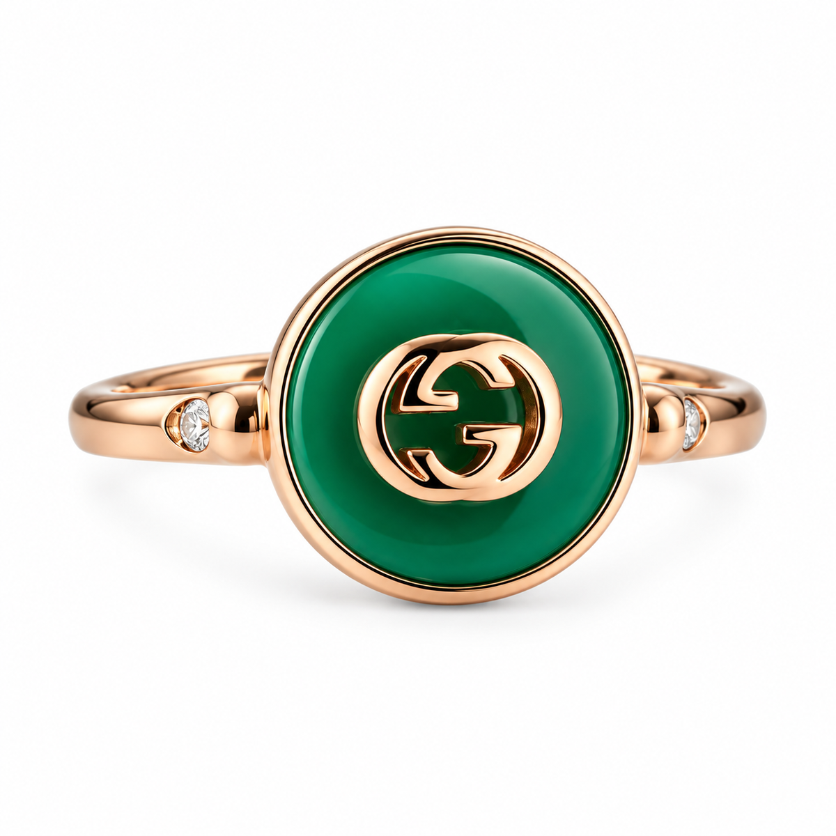 Gucci Interlocking G 18K Rose Gold Diamond Green Agate Ring