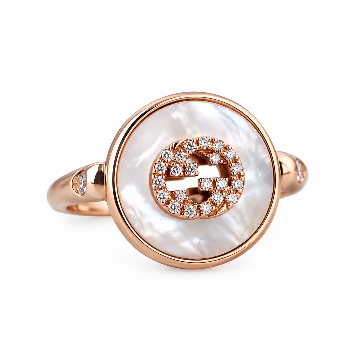 Gucci Interlocking G 18K Rose Gold Diamond MOP Ring