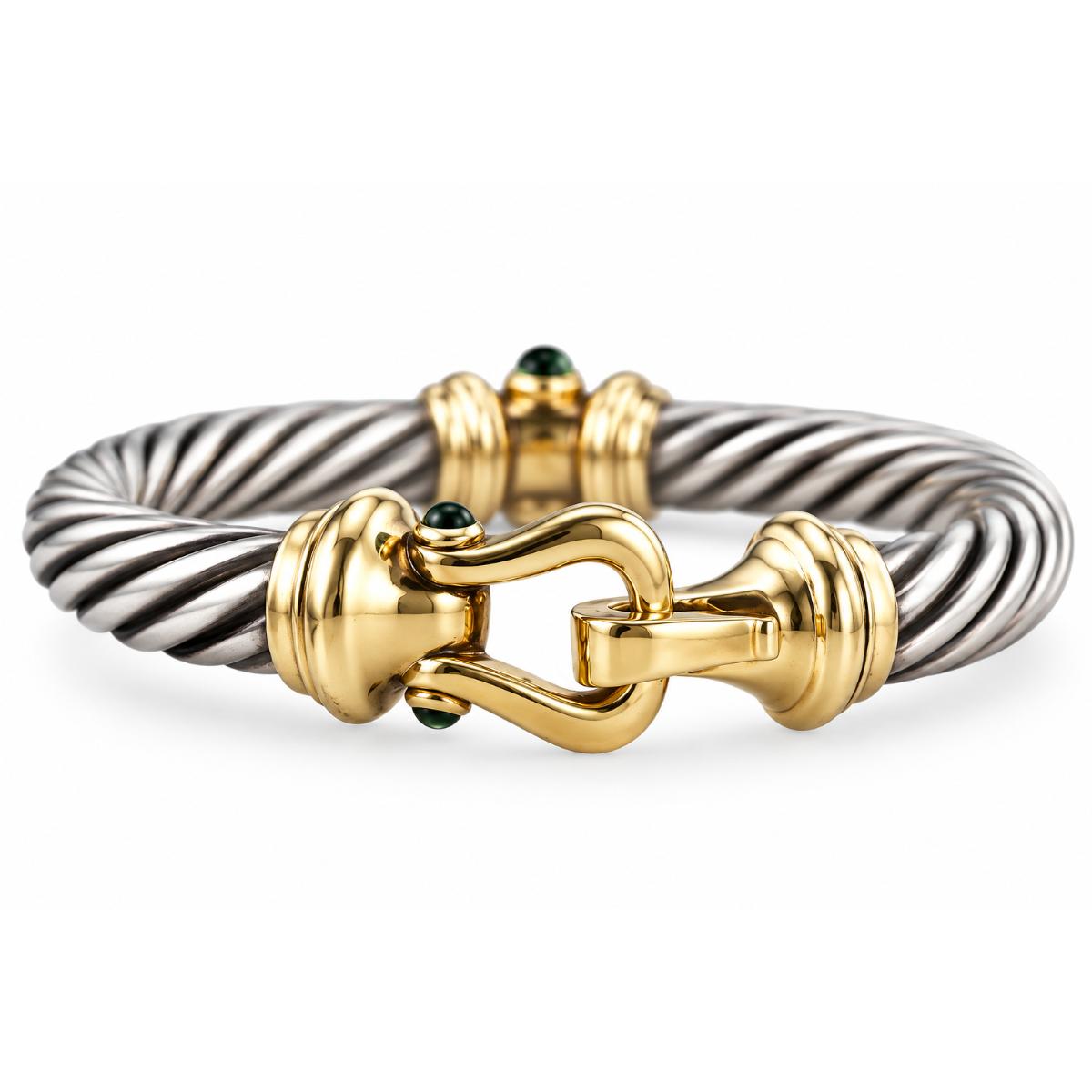 David Yurman Classic Cable Tourmaline Silver 14k Gold Flex Buckle Large Bracelet