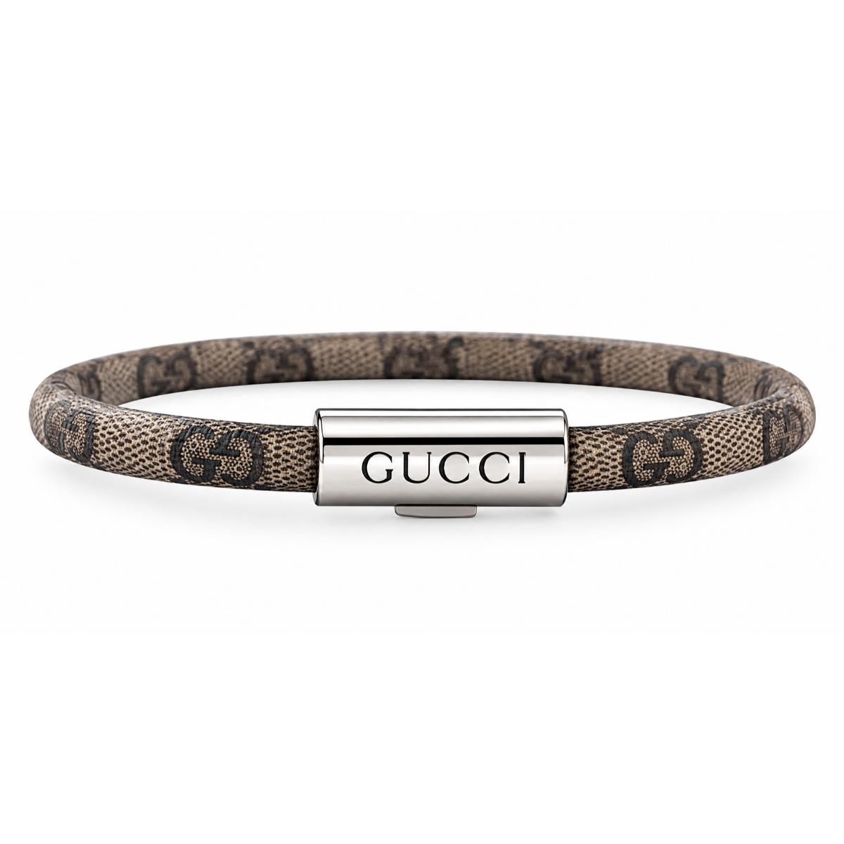 Gucci Trademark Sterling Silver Beige Canvas Bracelet Size 18
