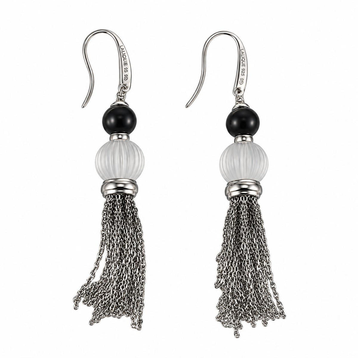 Lalique Vibrante Carved Crystal Onyx Sterling Tassel Earrings 10531000