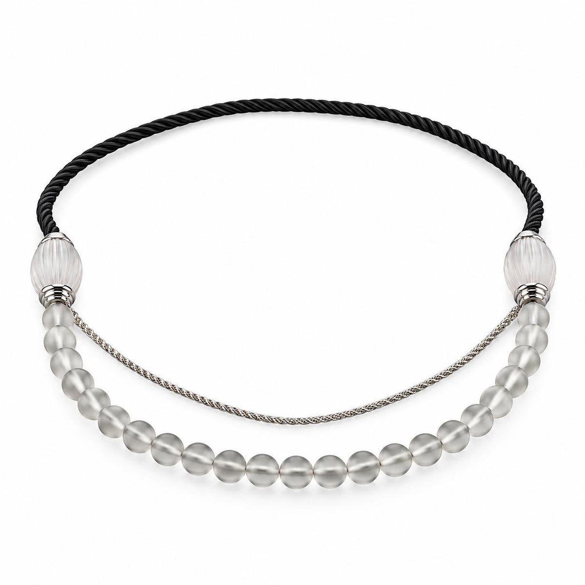 Lalique Vibrante Oval Crystal Bead Sterling Silver Cord Necklace 10531400