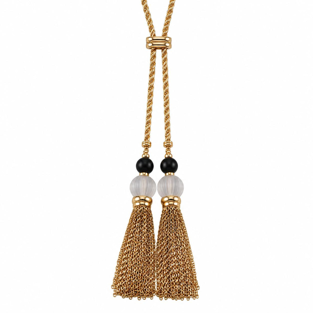 Lalique Vibrante Carved Crystal Onyx Vermeil Tassel Lariat Necklace 10531300
