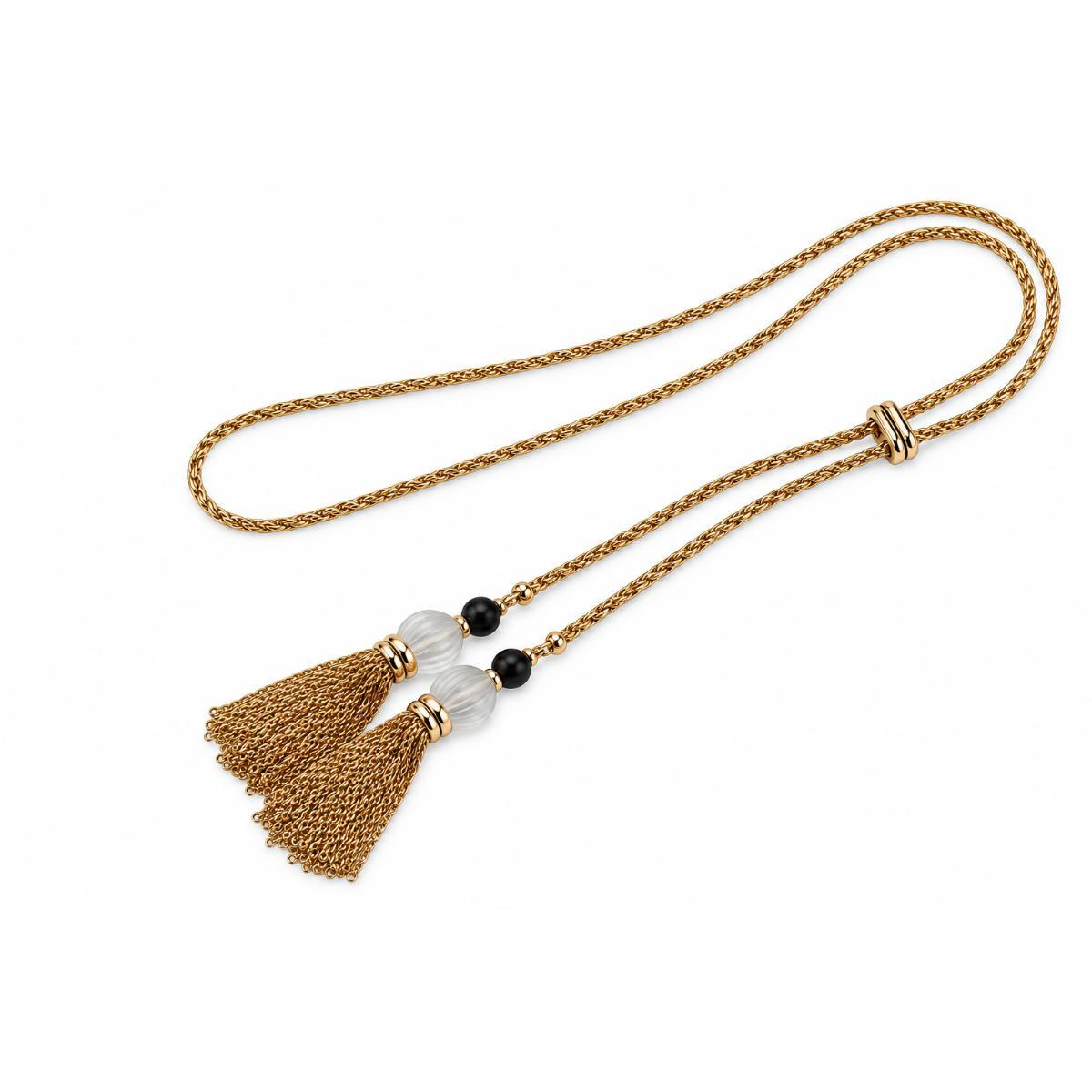 Lalique Vibrante Carved Crystal Onyx Vermeil Tassel Lariat Necklace 10531300