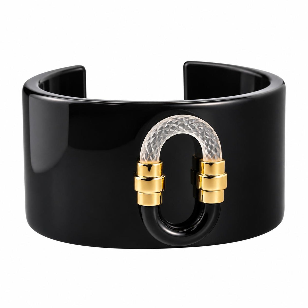 Lalique 1927 Crystal Black Resin Gold Plated Wide Cuff Bracelet Large 10653100