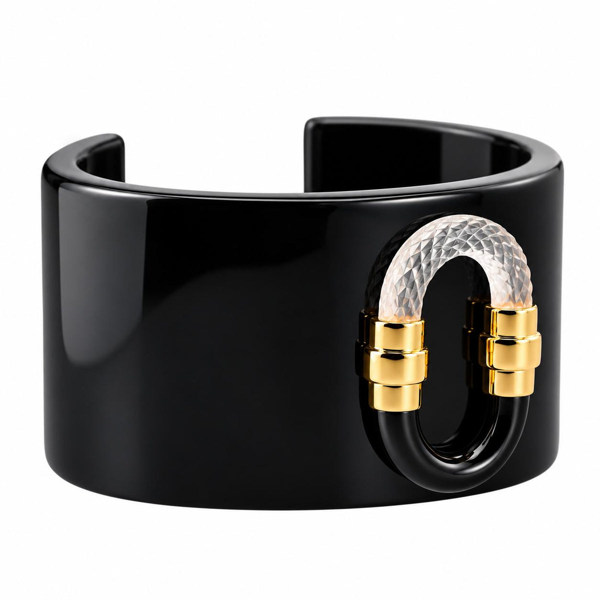 Lalique 1927 Crystal Black Resin Gold Plated Wide Cuff Bracelet Large 10653100