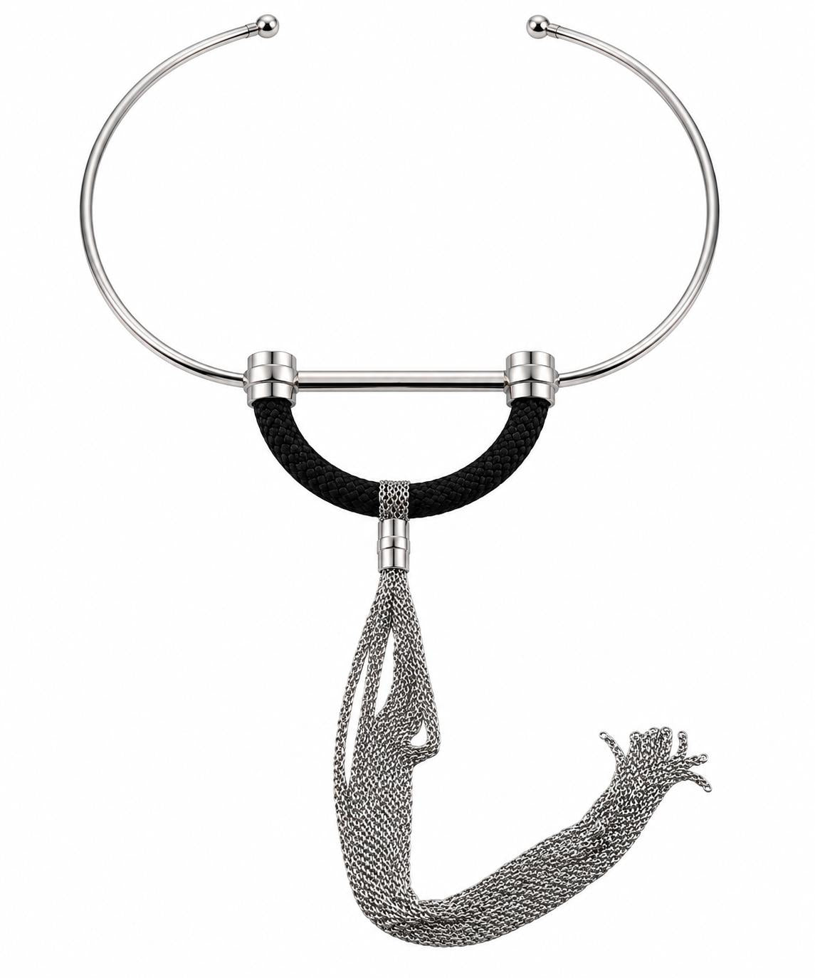 Lalique 1927 Black Crystal Silver Plated Tassel Choker Necklace 10652300