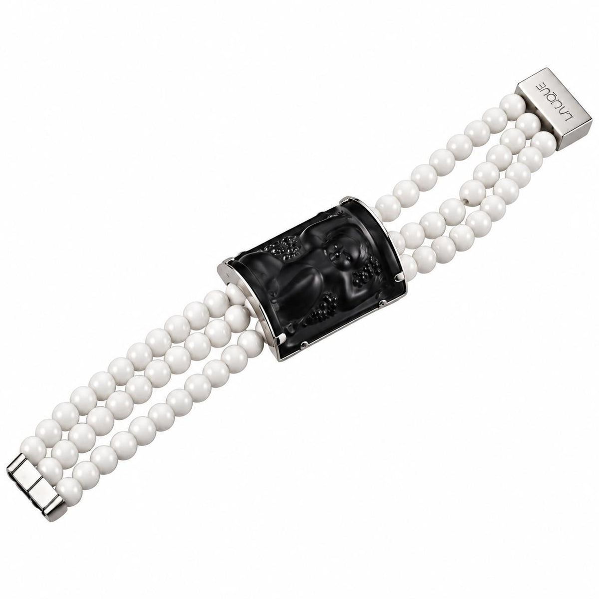 Lalique Nysa Black White Crystal Silver Three Strand Beaded Bracelet 10257800