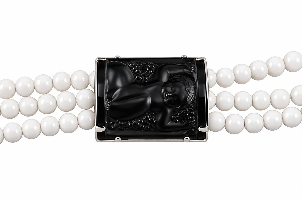 Lalique Nysa Black White Crystal Silver Three Strand Beaded Bracelet 10257800