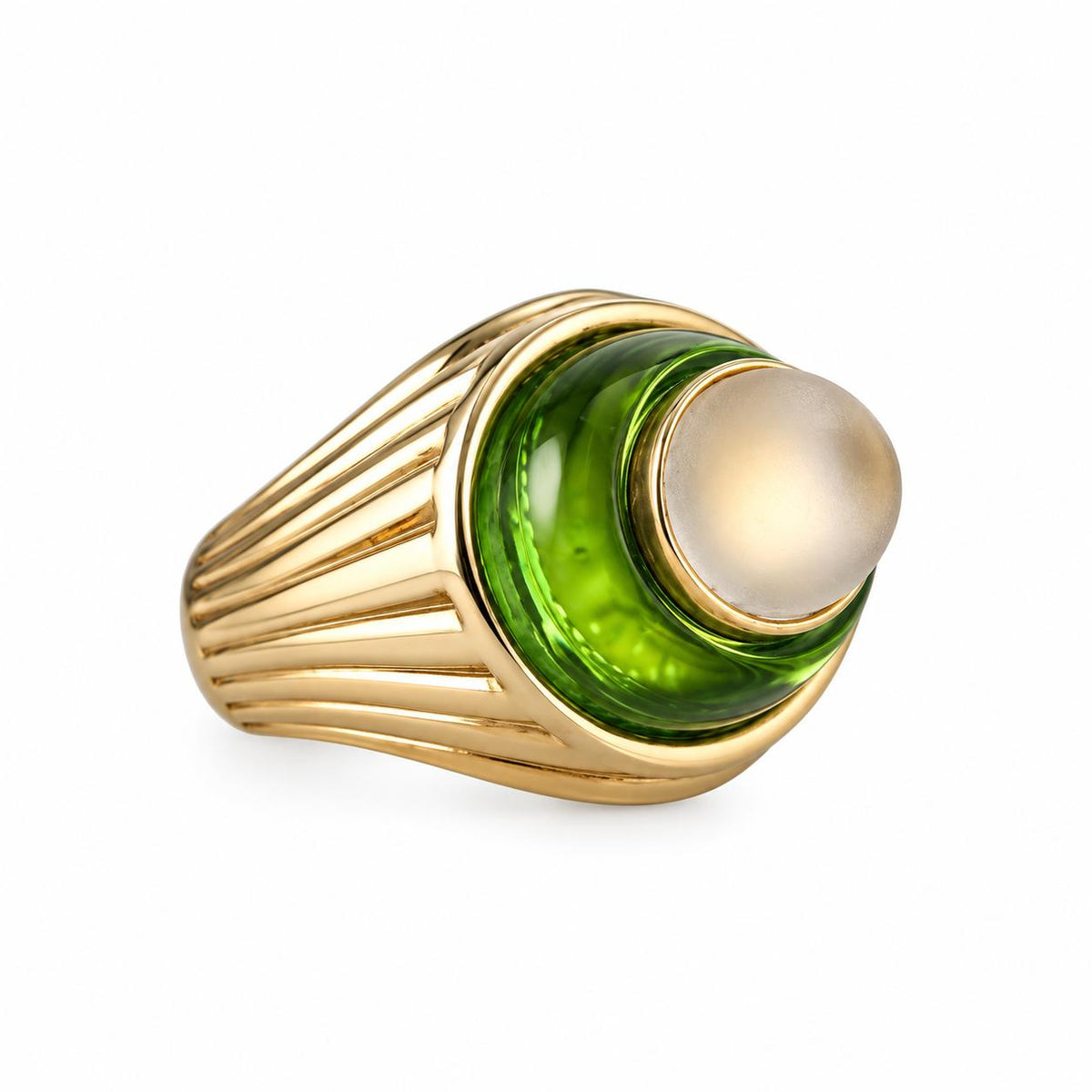 Lalique Charmante Green Crystal Clear Cabochon Sterling Vermeil Ring 10452800