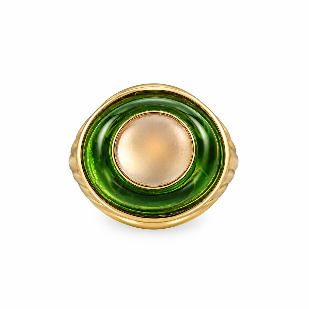 Lalique Charmante Green Crystal Clear Cabochon Sterling Vermeil Ring 10452800