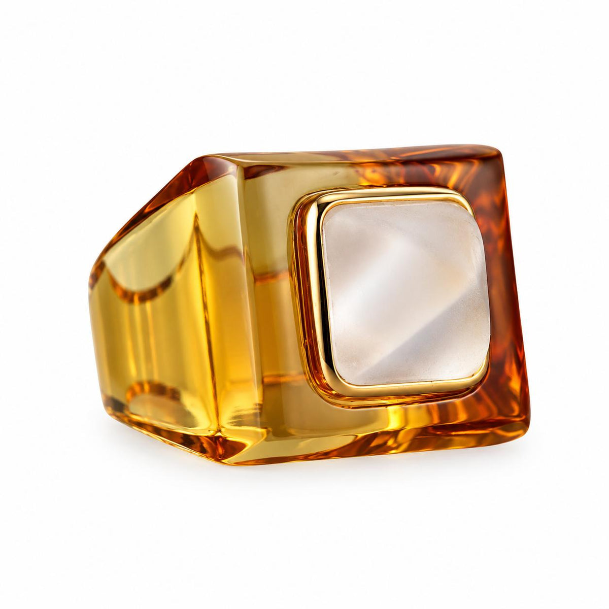 Lalique Charmante Amber Crystal Clear Cabochon Square Vermeil Ring 10524900