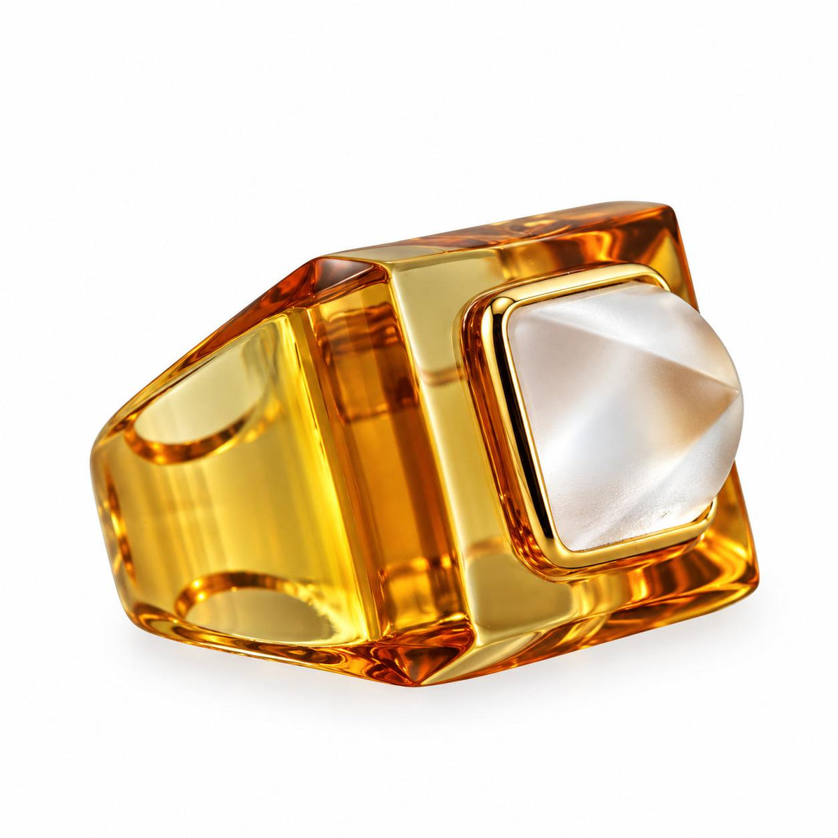 Lalique Charmante Amber Crystal Clear Cabochon Square Vermeil Ring 10524900