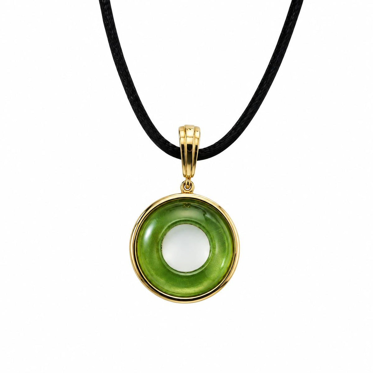 Lalique Charmante Green Crystal Clear Cabochon Round Pendant Necklace 10454600