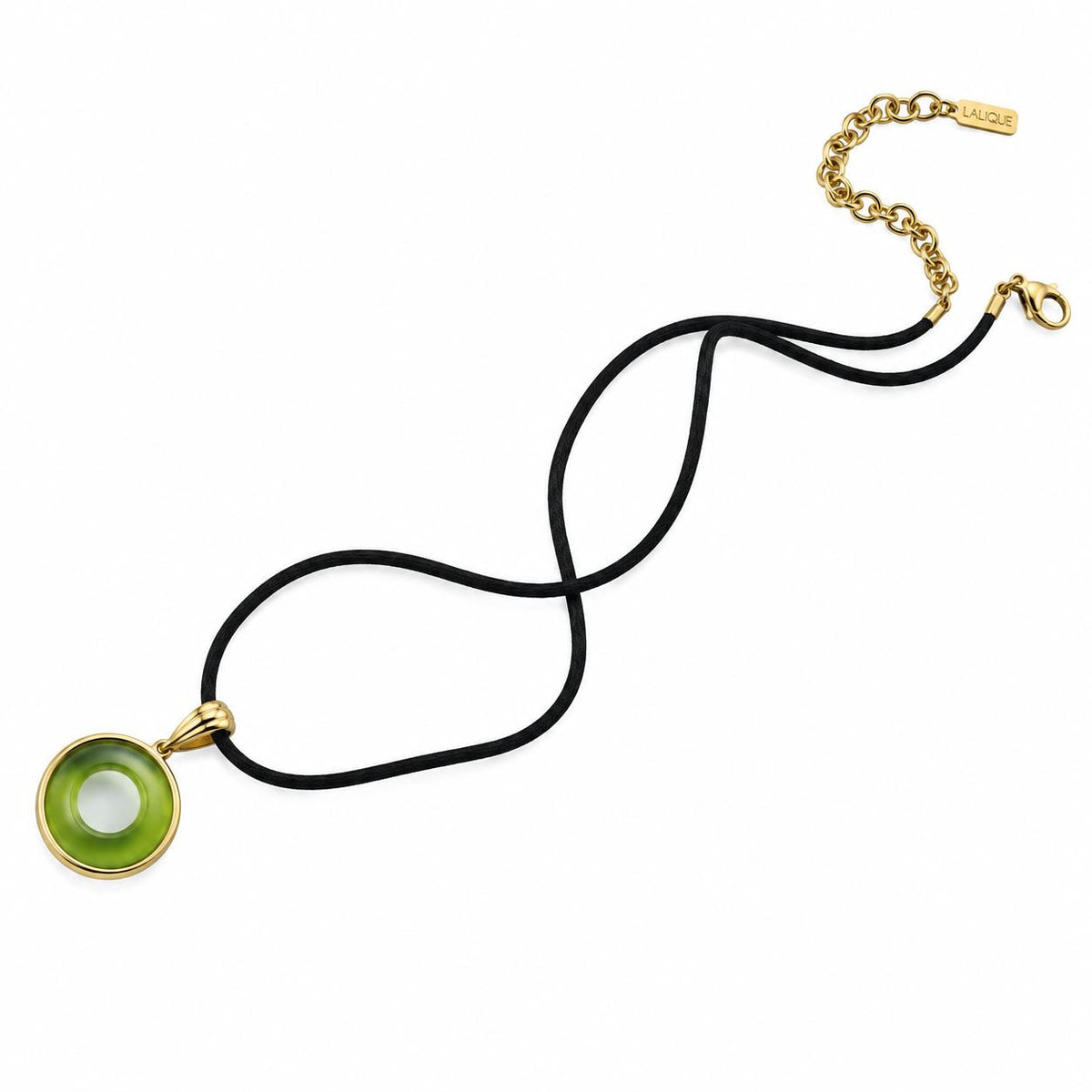 Lalique Charmante Green Crystal Clear Cabochon Round Pendant Necklace 10454600