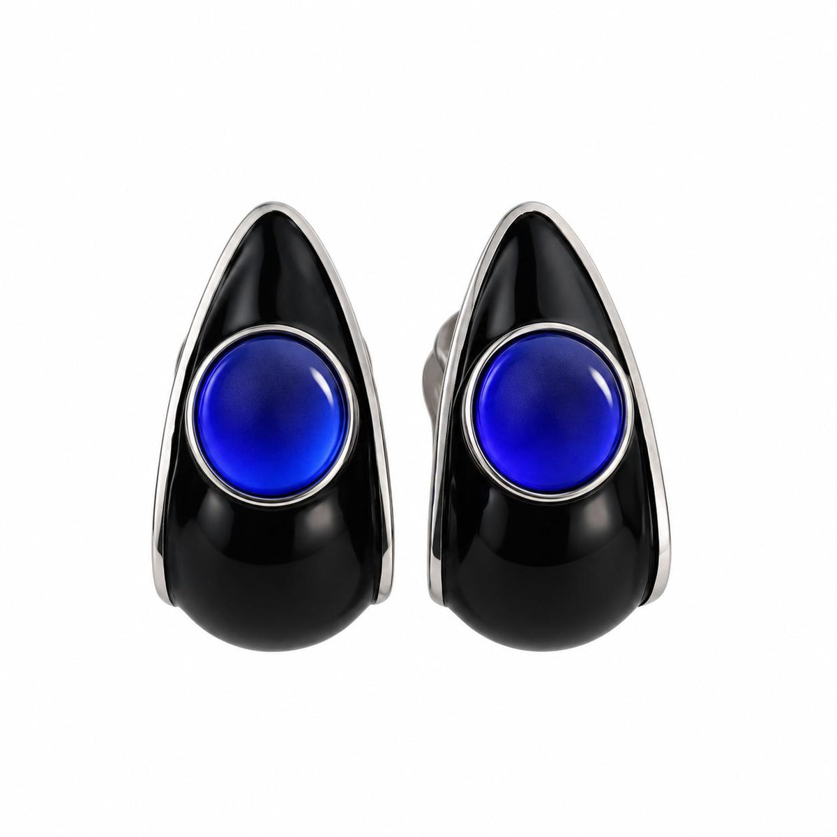 Lalique Charmante Blue Crystal Black Enamel Sterling Clip Earrings 10454000