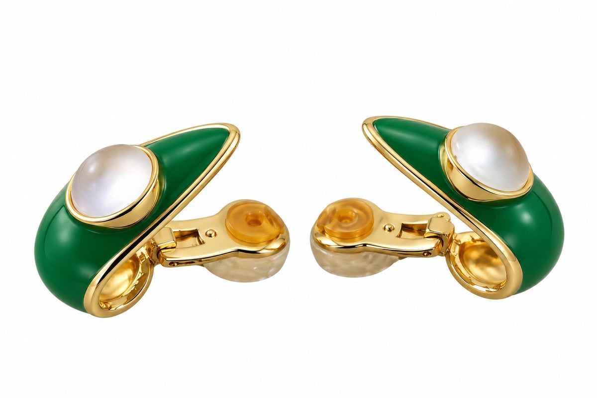 Lalique Charmante Clear Crystal Green Enamel Vermeil Clip Earrings 10454100