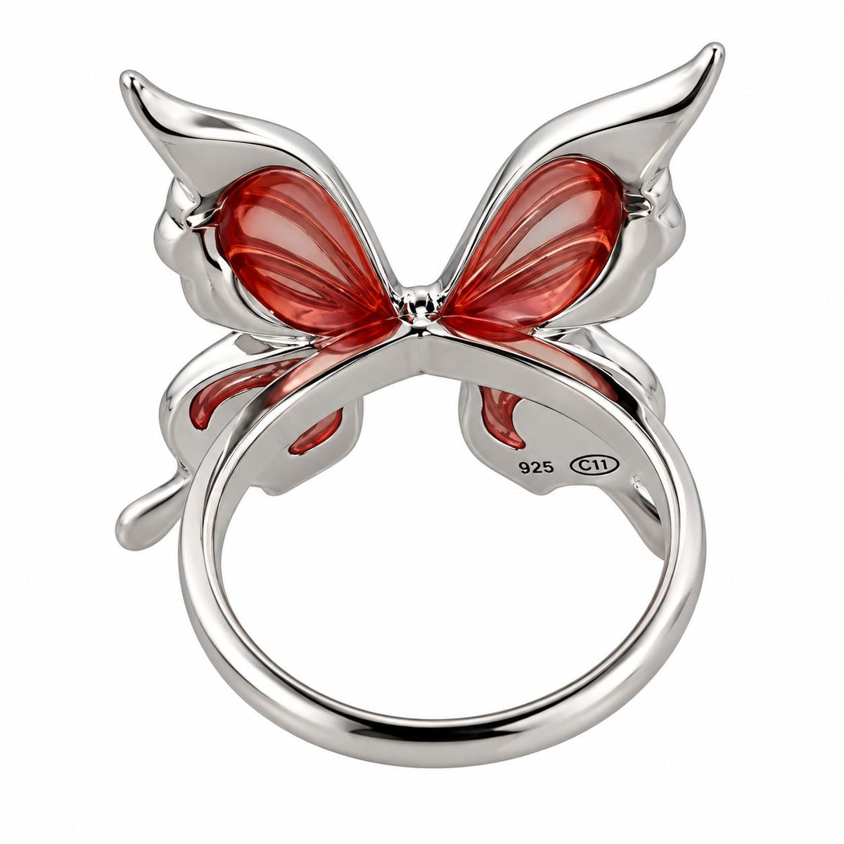 Lalique Papillon Butterfly Pink Enamel Sterling Silver Ring 10339800