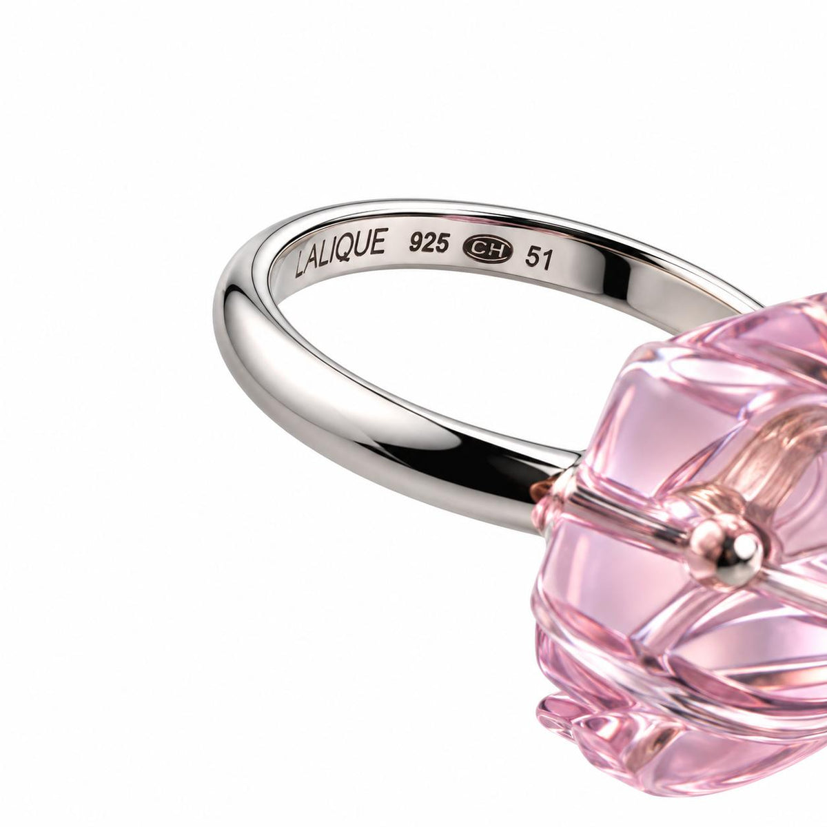 Lalique Pink Crystal Cabochon Sterling Silver Ring 10386200