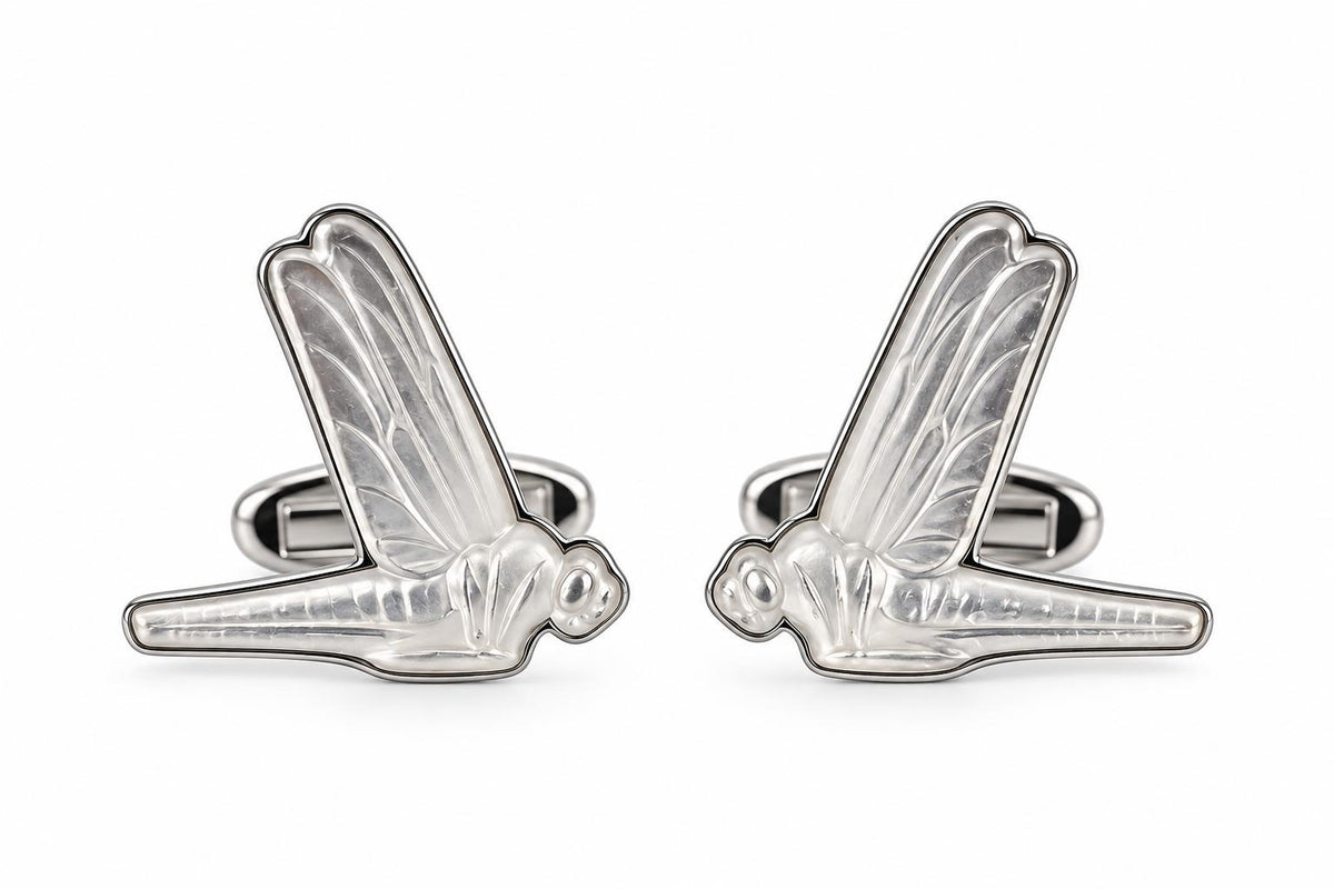 Lalique Dragonfly Mascottes Clear Crystal Steel Cufflinks 10337000