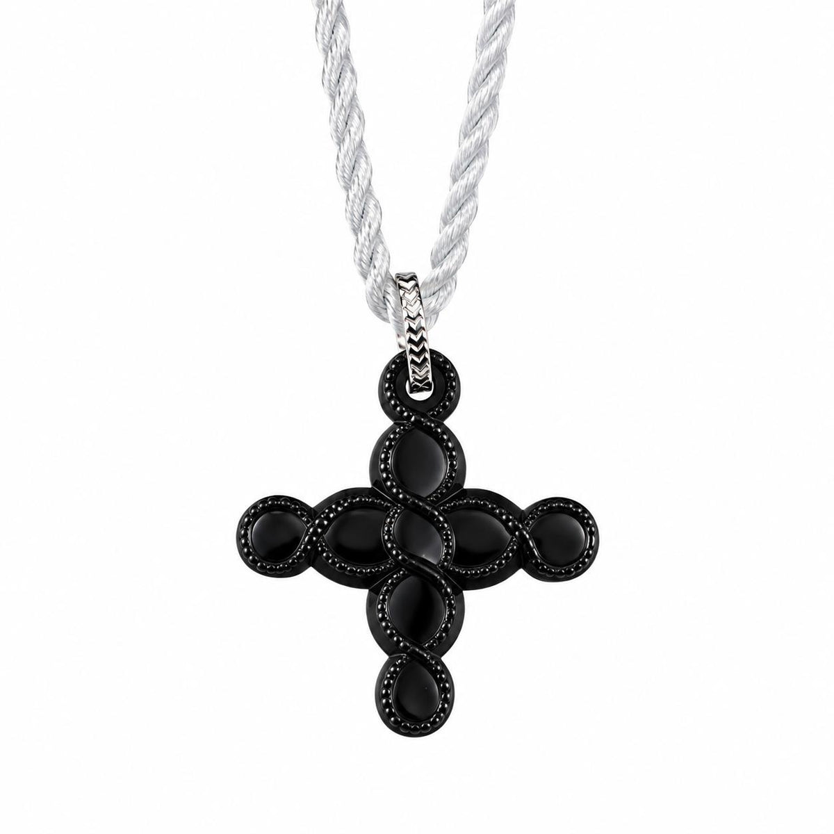 Lalique Talisman Black Crystal Silver Cross Pendant Cord Necklace 10336200