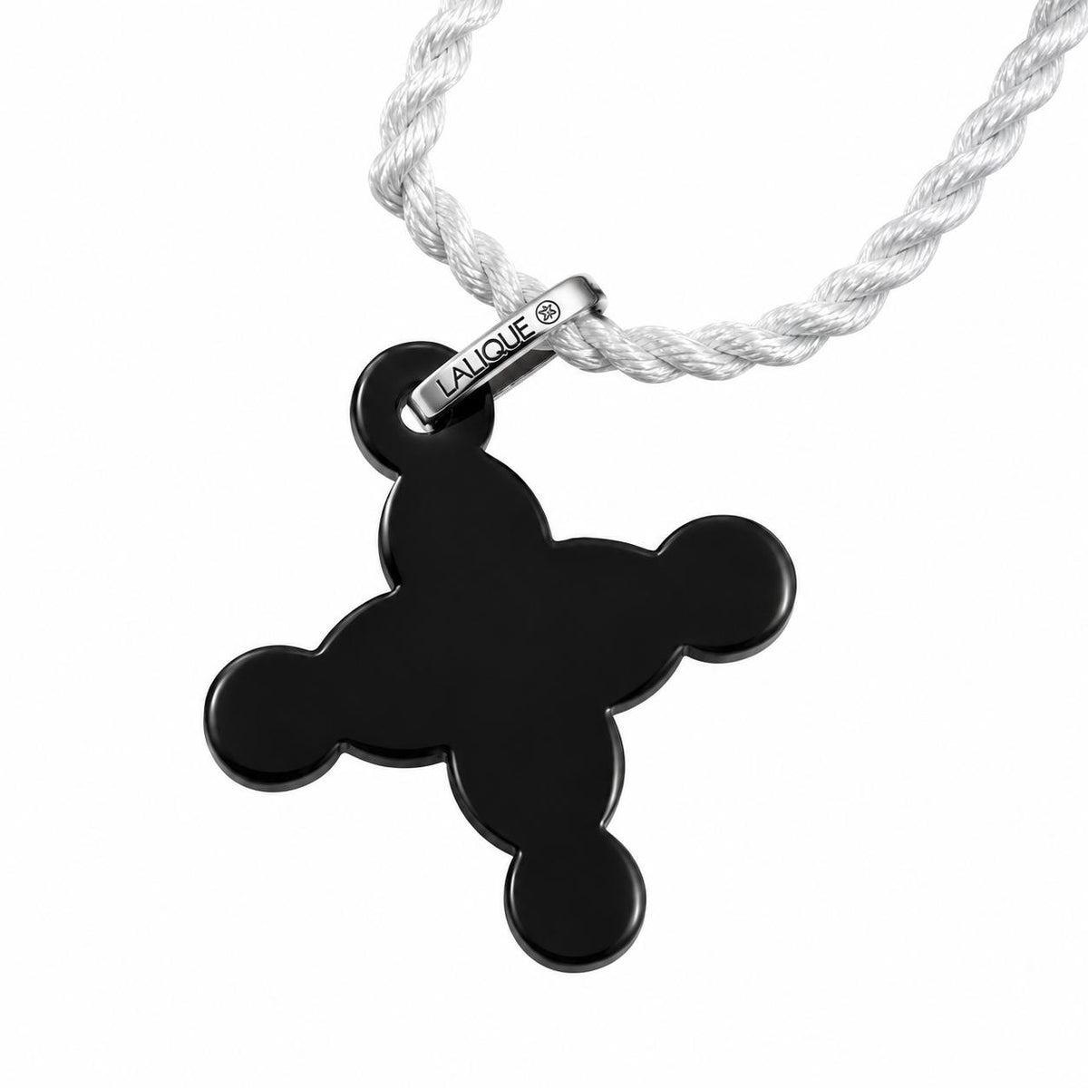 Lalique Talisman Black Crystal Silver Cross Pendant Cord Necklace 10336200