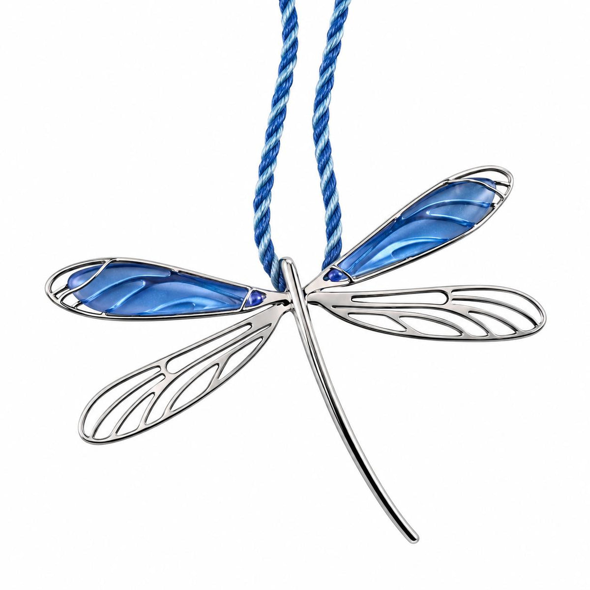 Lalique Dragonfly Blue Crystal Sterling Silver Cord Necklace 7778500