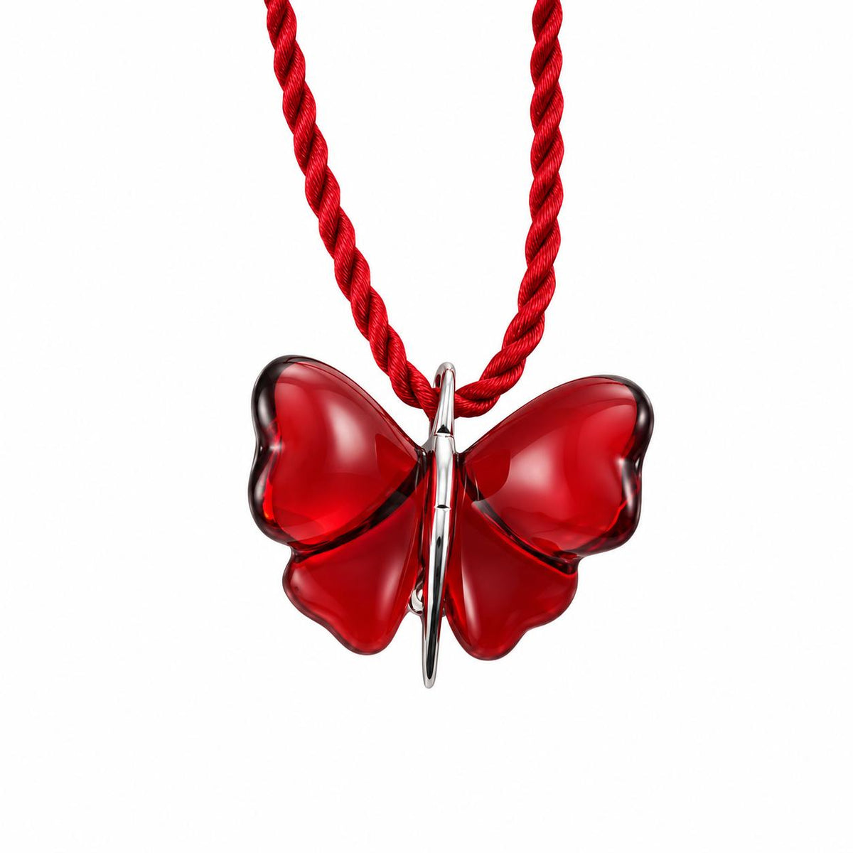 Lalique Papillon Red Crystal Silver Butterfly Pendant Cord Necklace 7680400