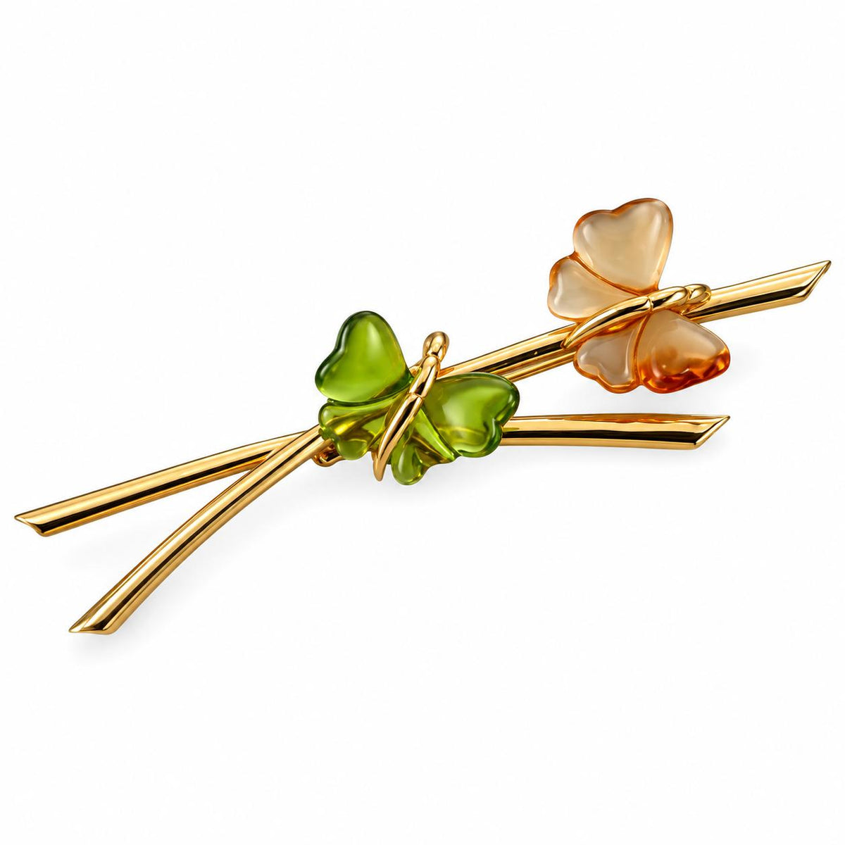 Lalique Papillon Amber Green Crystal Gold Plate Butterfly Brooch 7686400