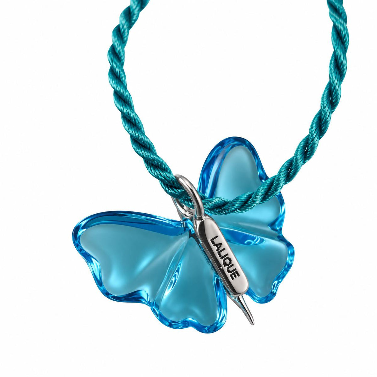 Lalique Papillon Light Blue Crystal Silver Butterfly Pendant Necklace 7680100