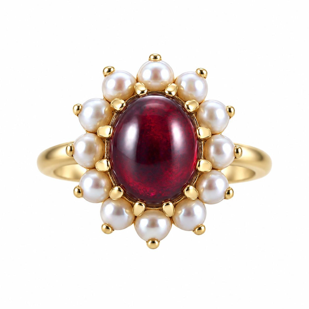 14k Yellow Gold Garnet Pearls Ring