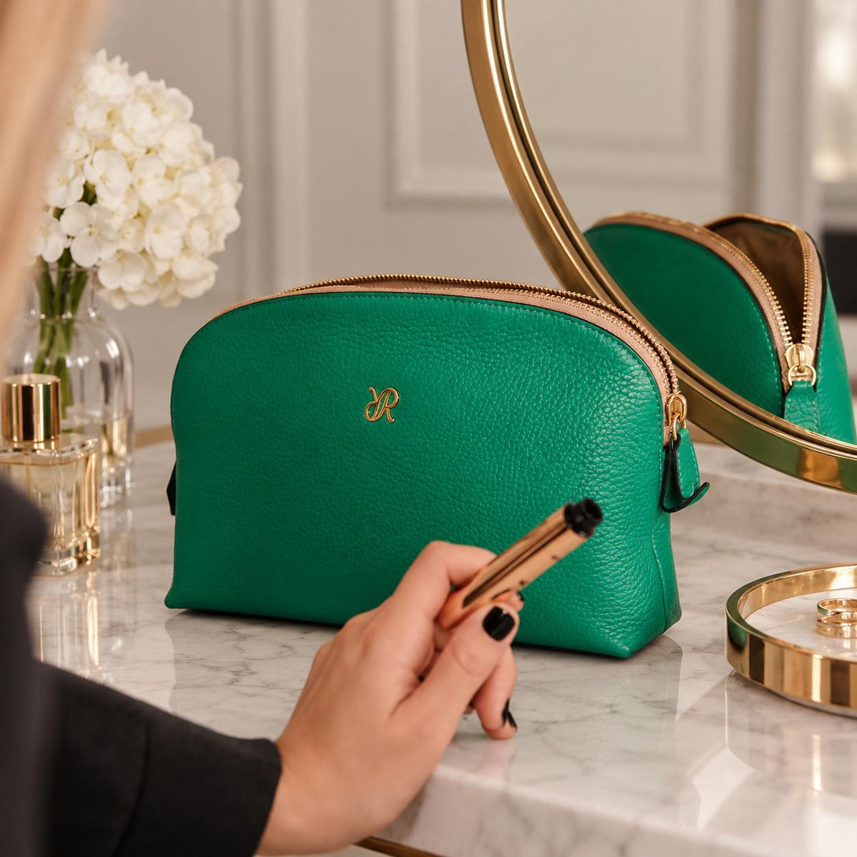 Rapport London Green Leather Small Makeup Pouch