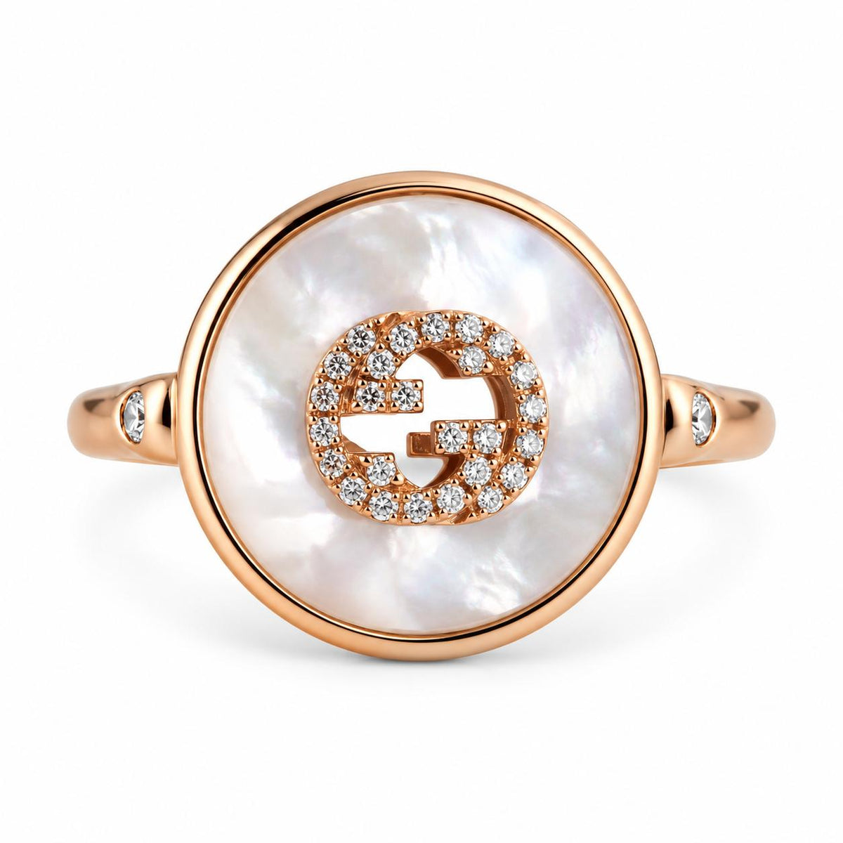 Gucci Interlocking G 18K Rose Gold Diamond MOP 17mm Ring
