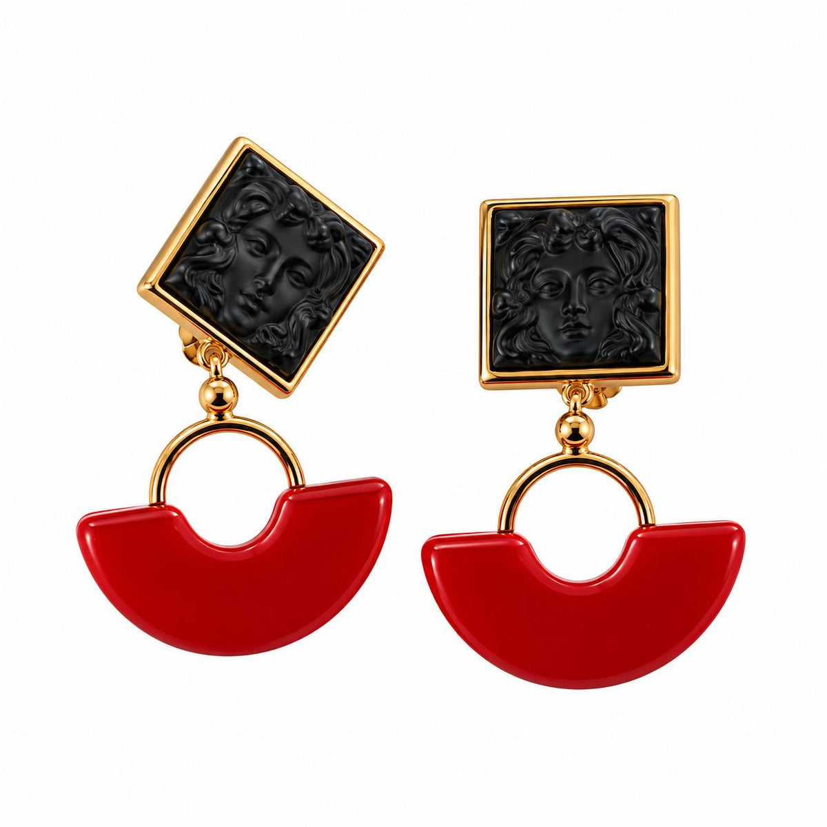 Lalique Arethuse Black Crystal Red Resin Vermeil Silver Clip Earrings 10700100