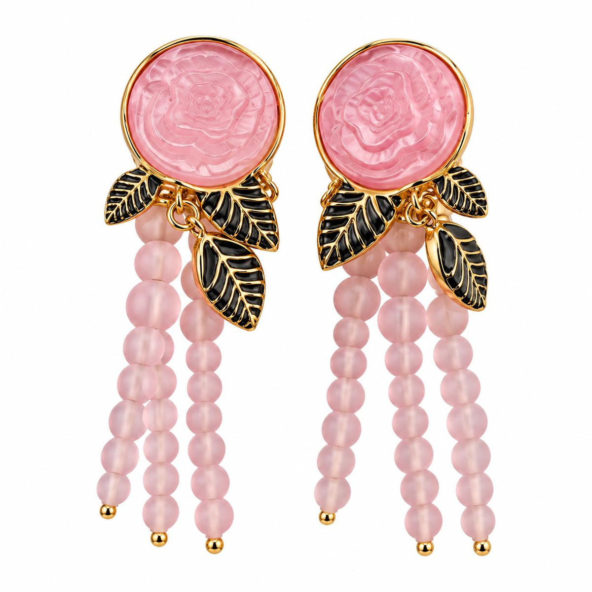 Lalique Pivoine Peony Flower Pink Crystal Gold Plate Dangle Earrings 10707500