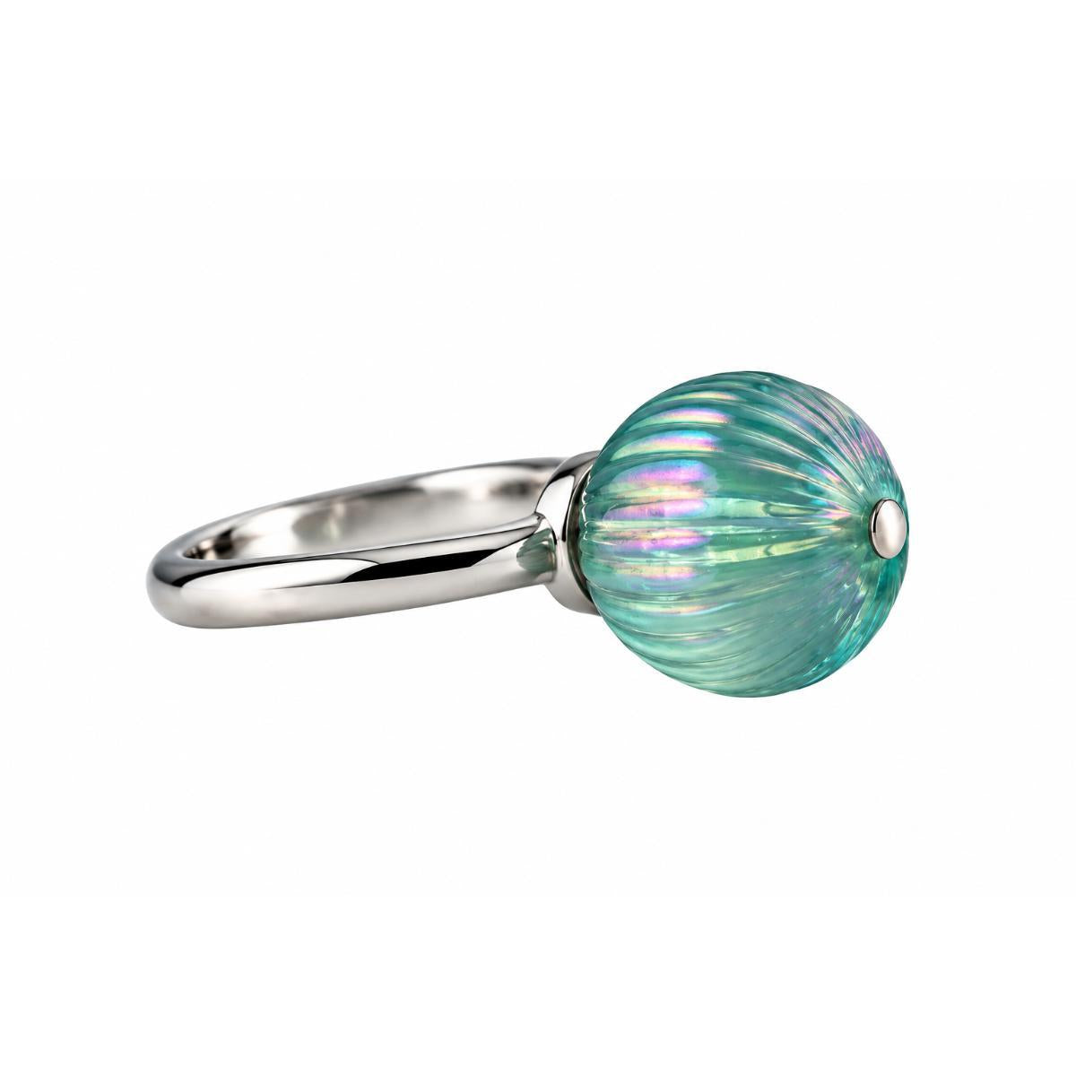 Lalique Charmante Iridescent Blue Carved Crystal Ball Sterling Ring 10392300