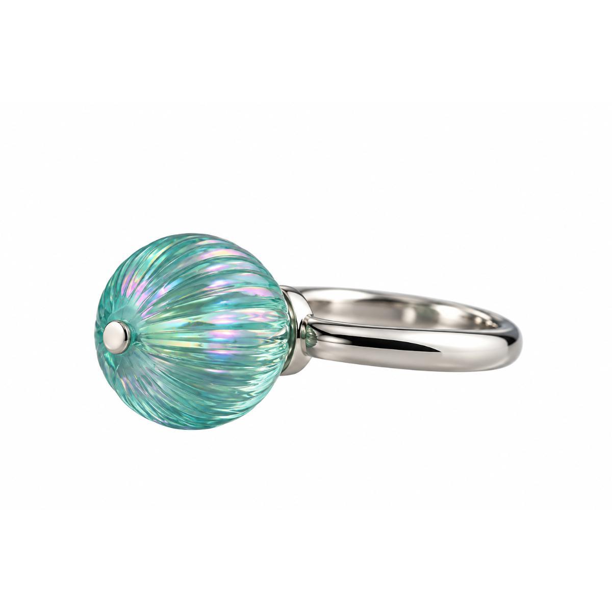 Lalique Charmante Iridescent Blue Carved Crystal Ball Sterling Ring 10392300