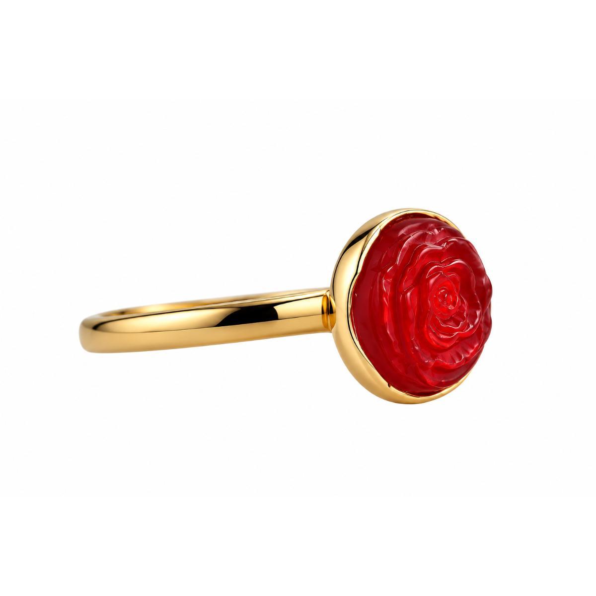 Lalique Pivoine Peony Flower Red Crystal Gold Plate Ring 10705400