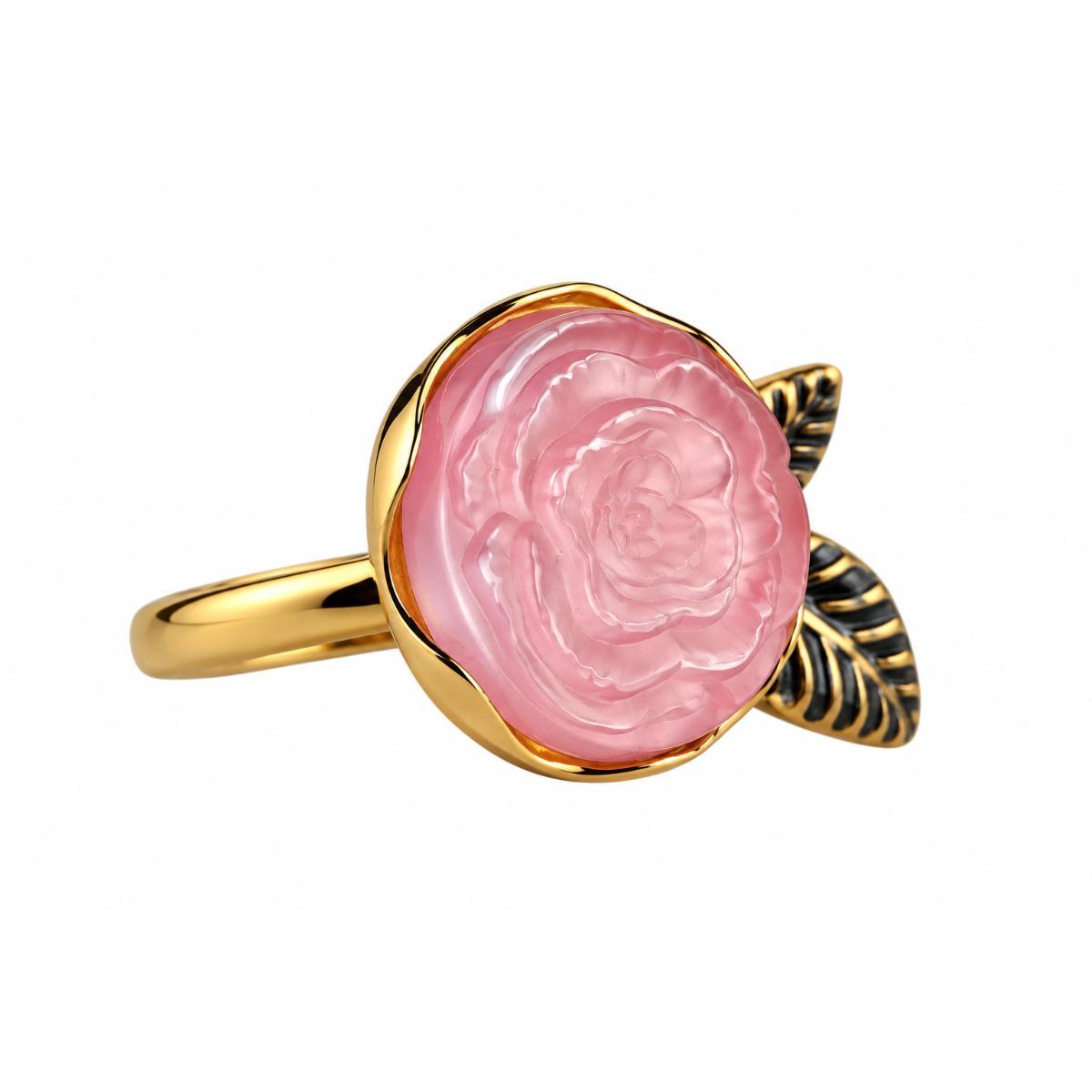 Lalique Pivoine Peony Flower Pink Crystal Gold Plate Ring 10707000