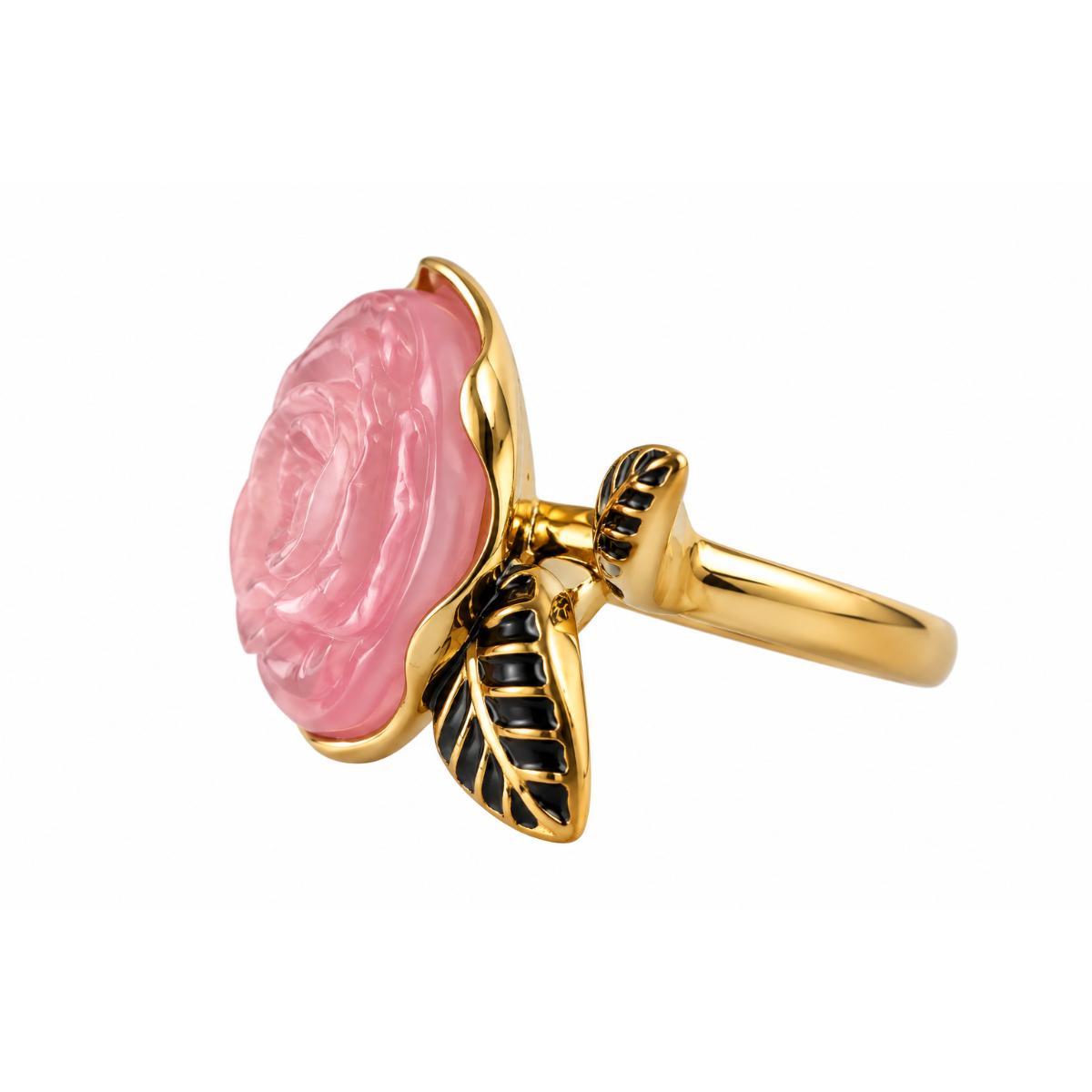 Lalique Pivoine Peony Flower Pink Crystal Gold Plate Ring 10707000