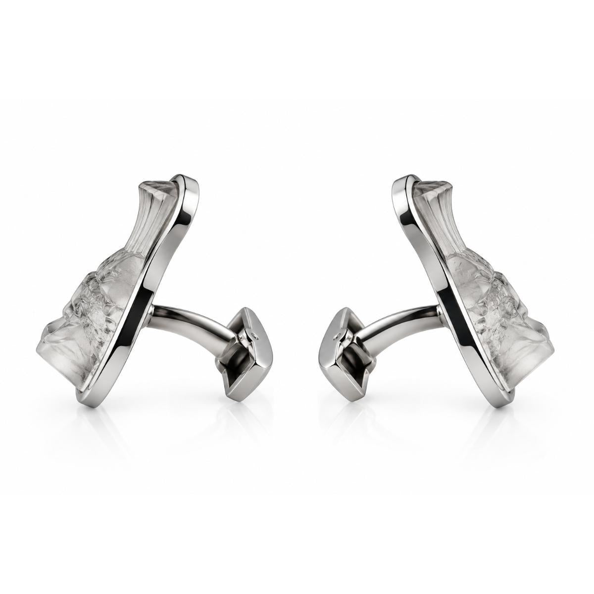 Lalique Paon Mascottes Peacock White Crystal Sterling Silver Cufflinks 10388200