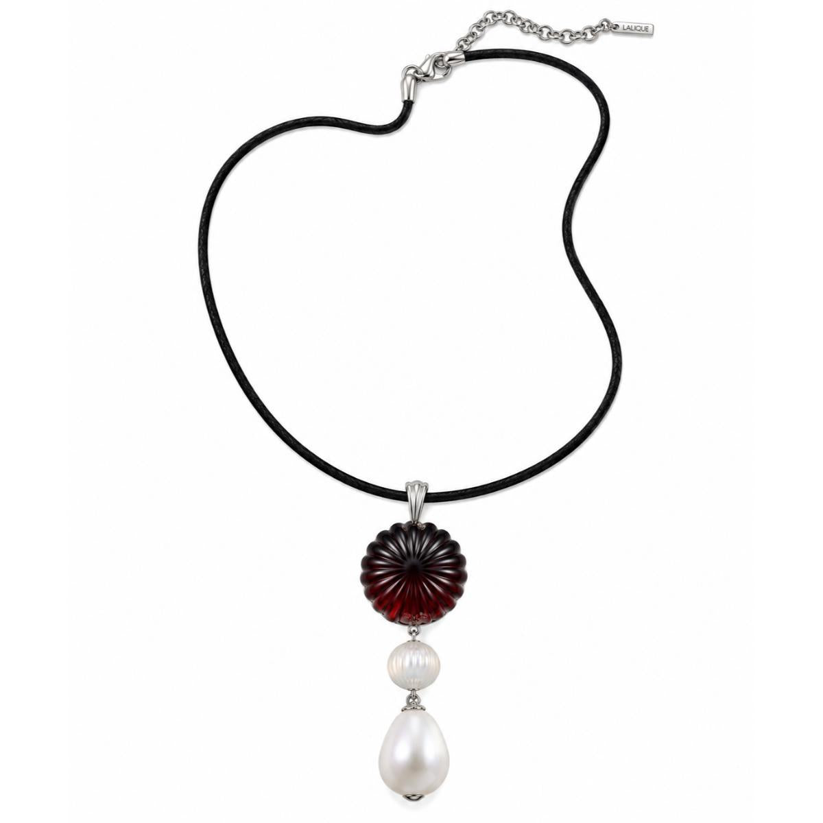 Lalique Vibrante Red Carved Crystal Sterling Silver Pendant Necklace 10445800