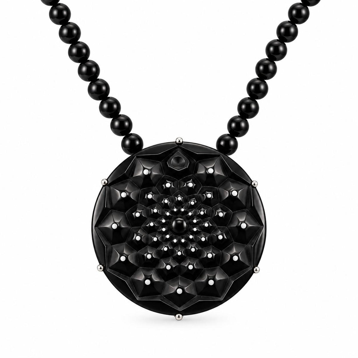Lalique Cactus Black Crystal Onyx Sterling Medallion Pendant Necklace 10394300
