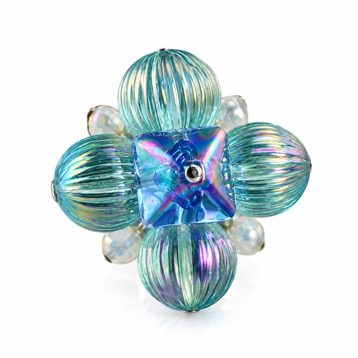 Lalique Charmante Blue Color Crystal Sterling Silver Cocktail Ring 10392700